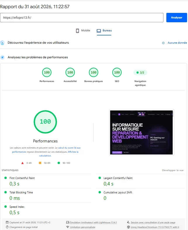Score 100 PageSpeed Insights ordinateur de la page d'accueil Info Pro 13