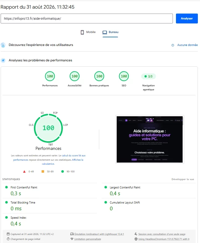 Score 100 PageSpeed Insights mobile du centre d'aide informatique Info Pro 13