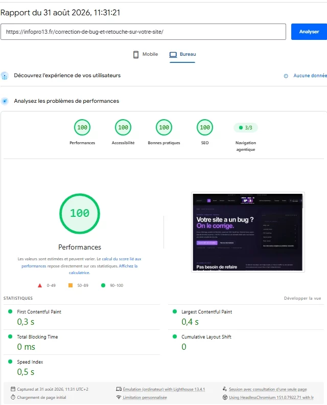 Score 100 PageSpeed Insights ordinateur de la page correction de bugs Info Pro 13
