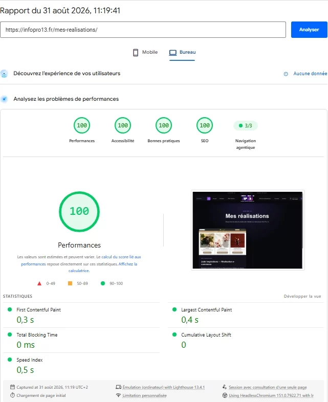 Score 100 PageSpeed Insights ordinateur de la page Mes réalisations Info Pro 13