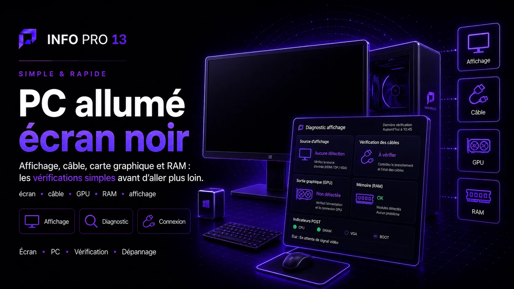 PC allumé mais écran noir : que vérifier ?