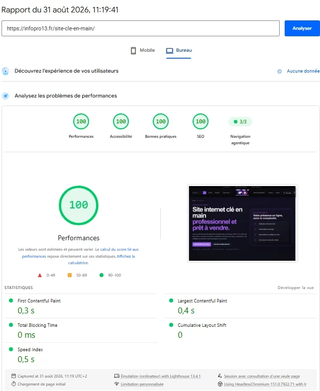 Score 100 PageSpeed Insights ordinateur d'une page de création de site Info Pro 13