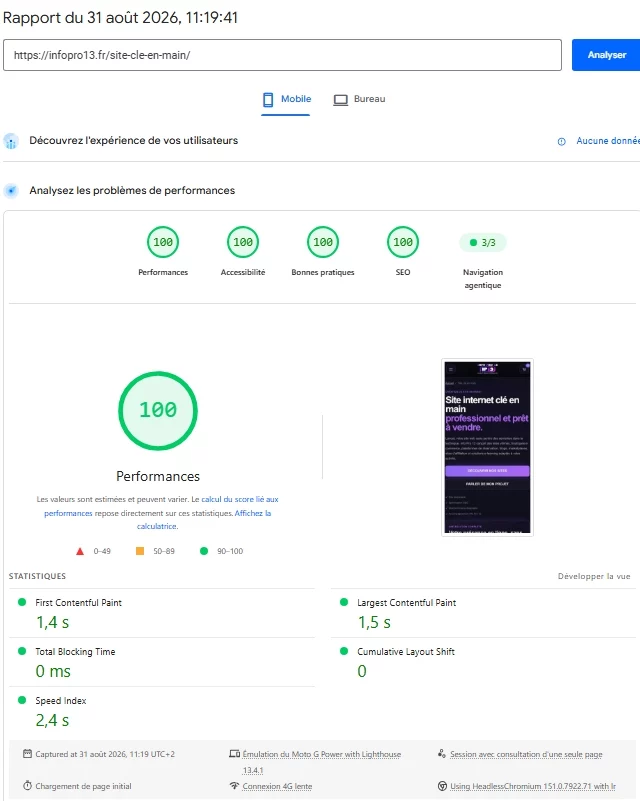 Score 100 PageSpeed Insights mobile d'une page de création de site Info Pro 13